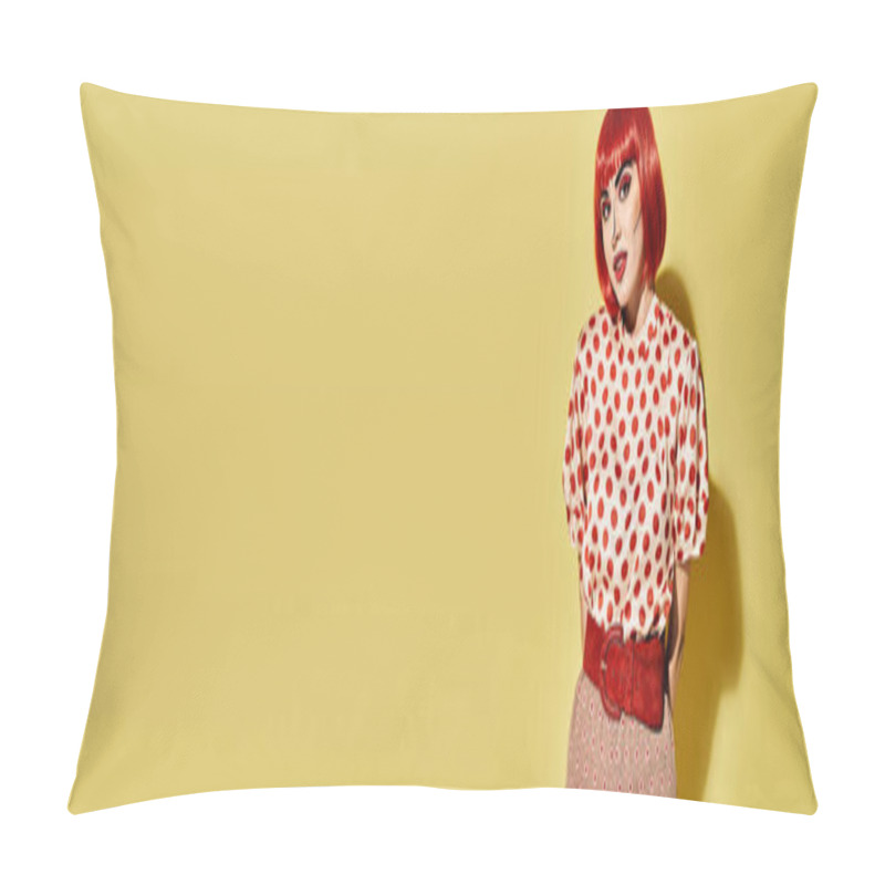 Personality  A Vibrant Redhead With Pop Art Makeup Dons A Polka Dot Shirt, Embodying A Comic Book Character On A Bright Yellow Backdrop. Pillow Covers