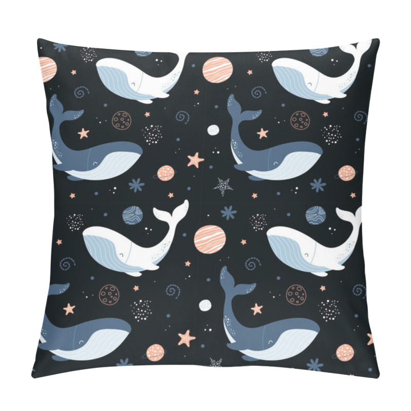 Personality  Cute Seamless Pattern With Whales In Space. Whales Among Planets And Stars. Night Sky. Vector Children Background. Printing On Fabric, Paper, Clothing. Pillow Covers