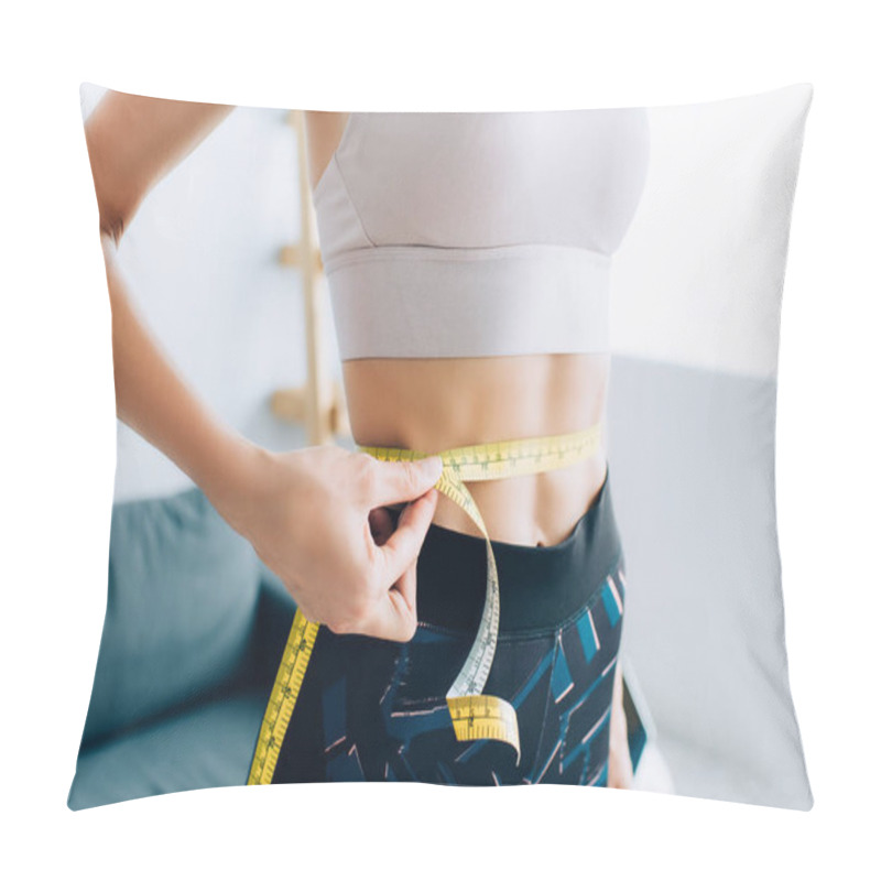 Personality  Cropped View Of Woman In Sportswear Measuring Waist With Tape At Home  Pillow Covers