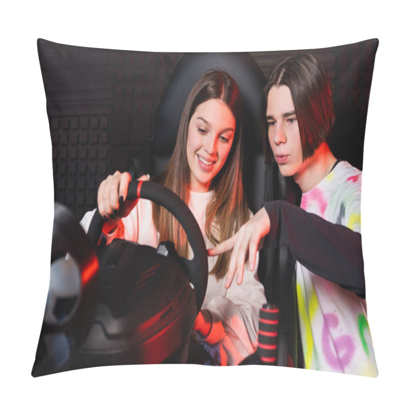 Personality  Teenage Boy Pointing At Steering Wheel Of Car Simulator Near Smiling Friend Pillow Covers