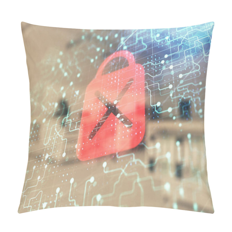 Personality  Lock Icon Drawing With Office Interior On Background. Double Exposure. Concept Of Data Security Pillow Covers