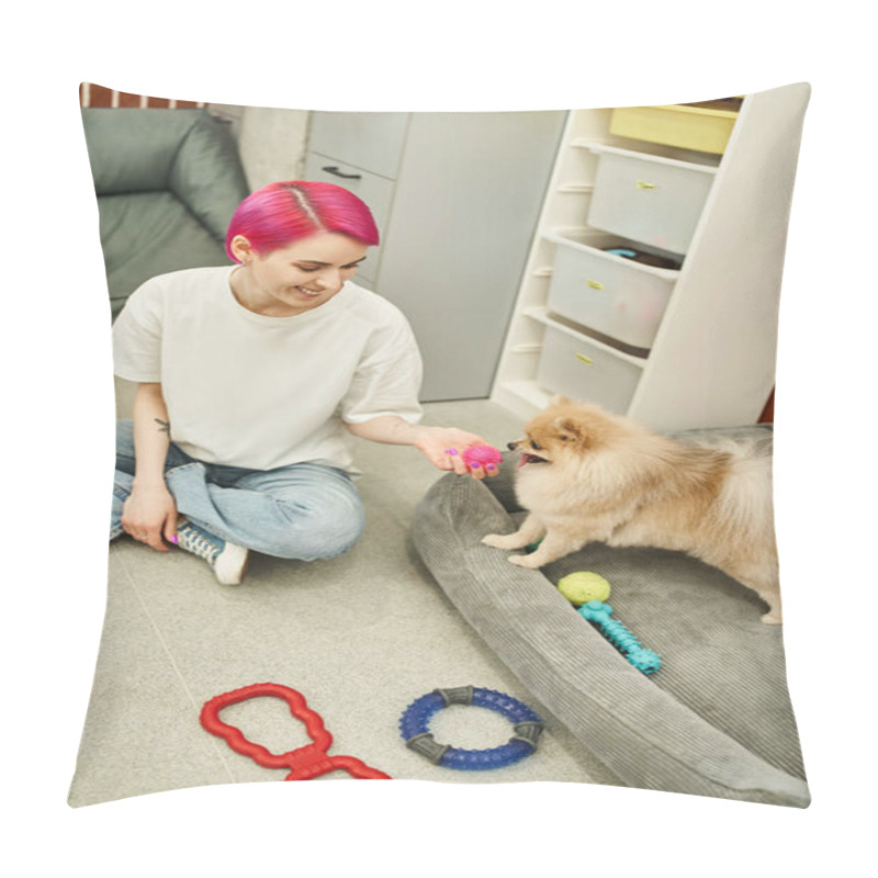 Personality  Smiling Dog Caregiver Holding Toy While Playing With Fluffy Pomeranian Spitz In Welcoming Pet Hotel Pillow Covers