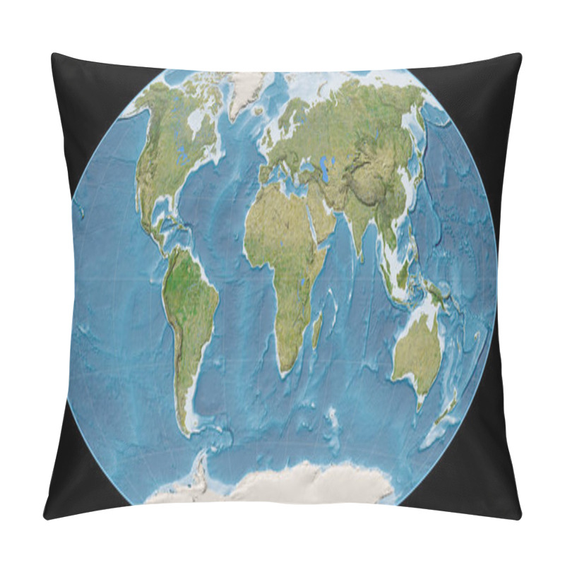 Personality  World Map In The Winkel Tripel Projection Centered On 11 East Longitude. Satellite Imagery B - Raw Composite Of Raster With Graticule. 3D Illustration Pillow Covers