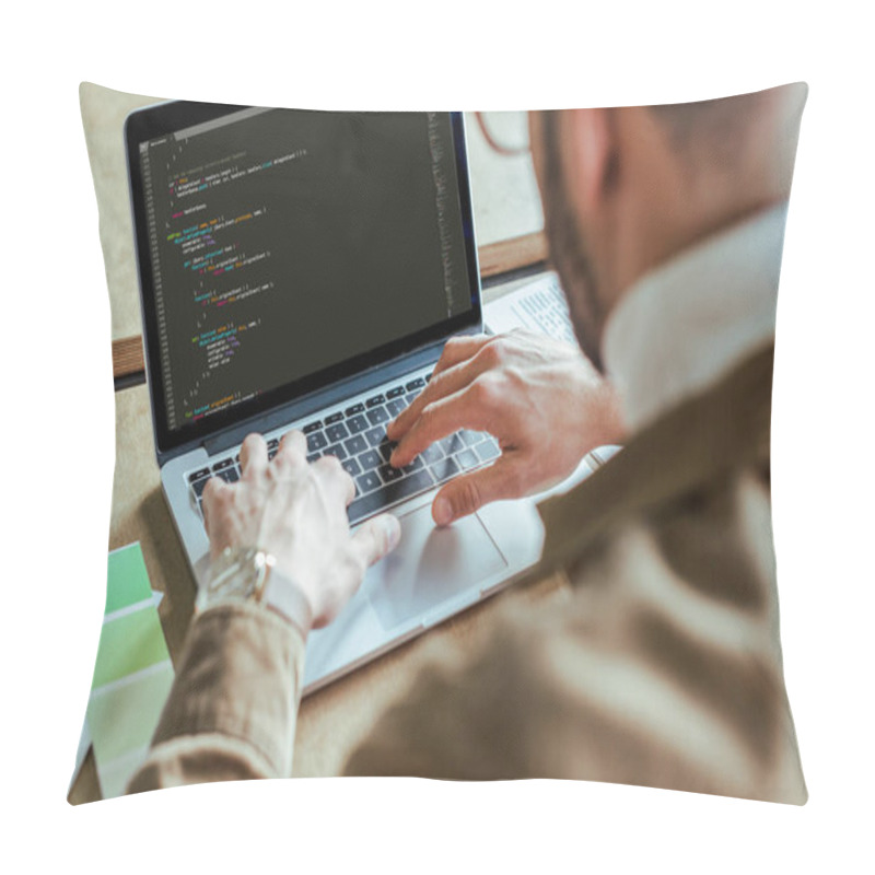 Personality  Cropped View Of Developer Using Laptop At Table  Pillow Covers