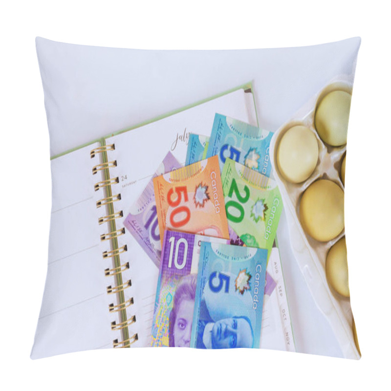 Personality  Chicken Eggs Sit Next To Stack Canadian Dollar Cash Bills, Highlighting Rising Cost Of Everyday Items. Pillow Covers