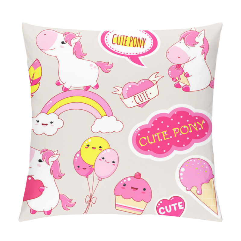 Personality  Set Of Cute White Pony In Kawaii Style. Pony On Rainbow, With Balloons, Cupcake, Ice Cream. EPS8 Pillow Covers