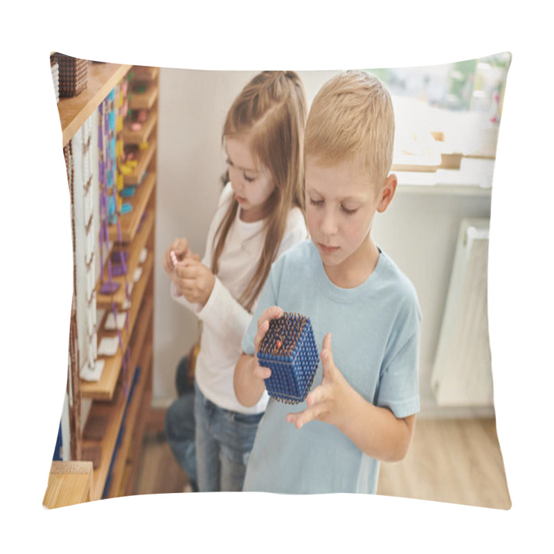 Personality  Curious Boy Holding Montessori Pearl Beads Material, Learn Math, Girl On Blurred Background Pillow Covers