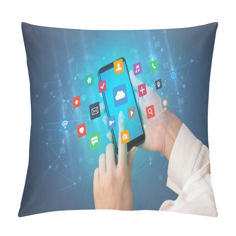 Personality  Hand Using Smartphone With Application Icons  Pillow Covers