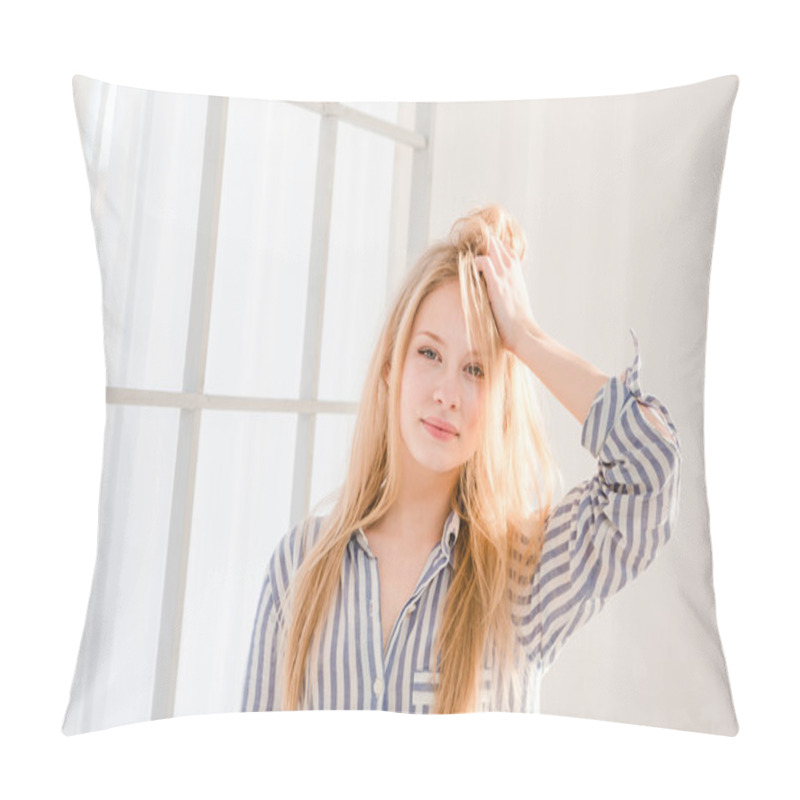 Personality  Portrait Of Relaxed Woman With Tousled Hair  Pillow Covers