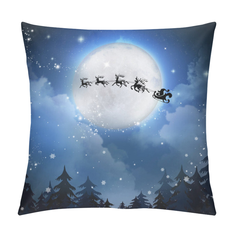 Personality  Magic Christmas Eve. Santa With Reindeers Flying In Sky On Full Moon Night Pillow Covers