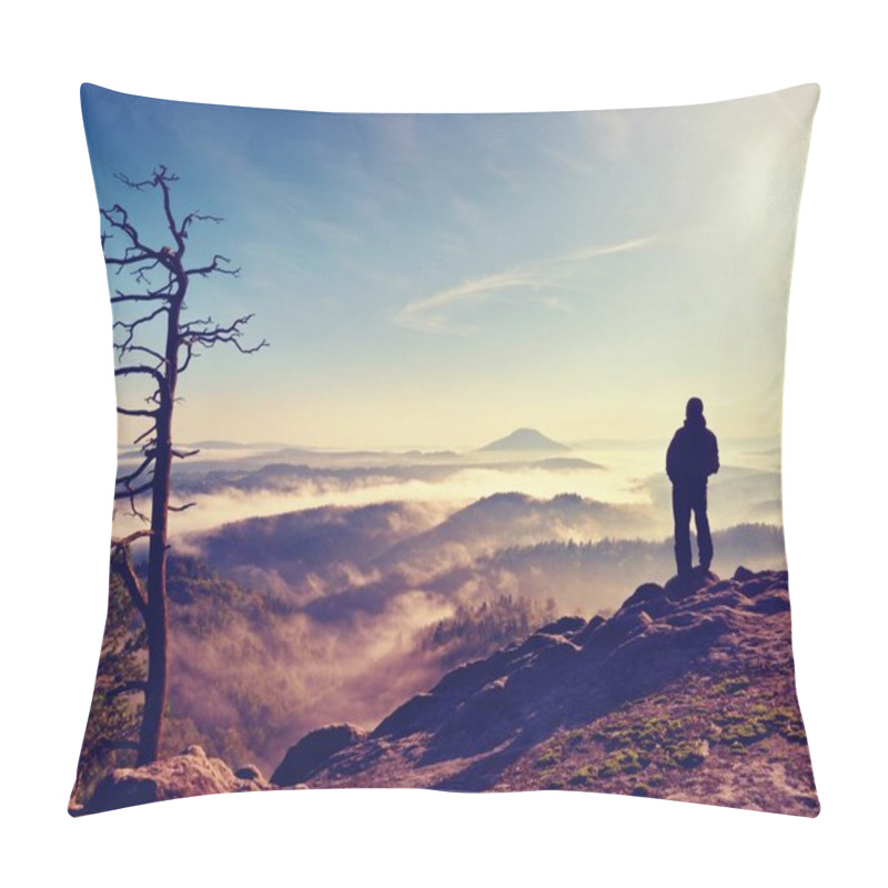 Personality  Sunny Fall Morning. Hiker Is Standing On The Peak Of Rock In Rock Empires Park Pillow Covers