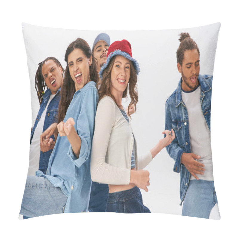 Personality  Joyful Multicultural Friends In Trendy Casual Wear Having Fun And Dancing On Grey Backdrop Pillow Covers