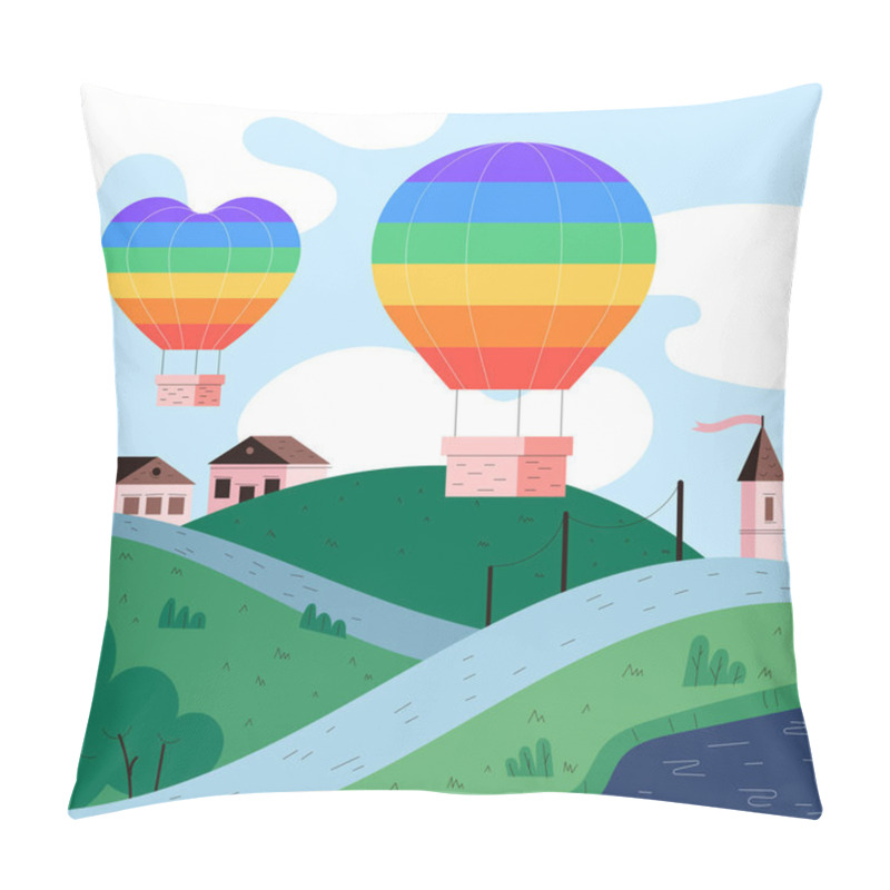 Personality  Two Rainbow Hot Air Balloons Above The Green Village And Country Road. Organic Flat Pride Month Illustration Pillow Covers