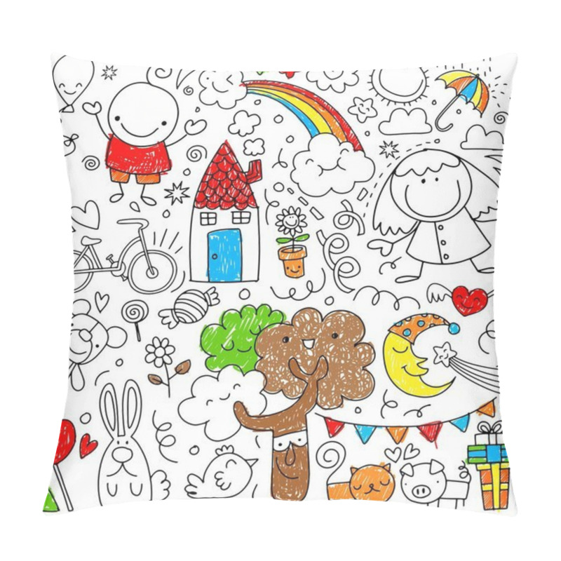 Personality  Collection Of Cute Children's Drawings Of Kids, Animals, Nature, Objects.Vector Illustration Pillow Covers