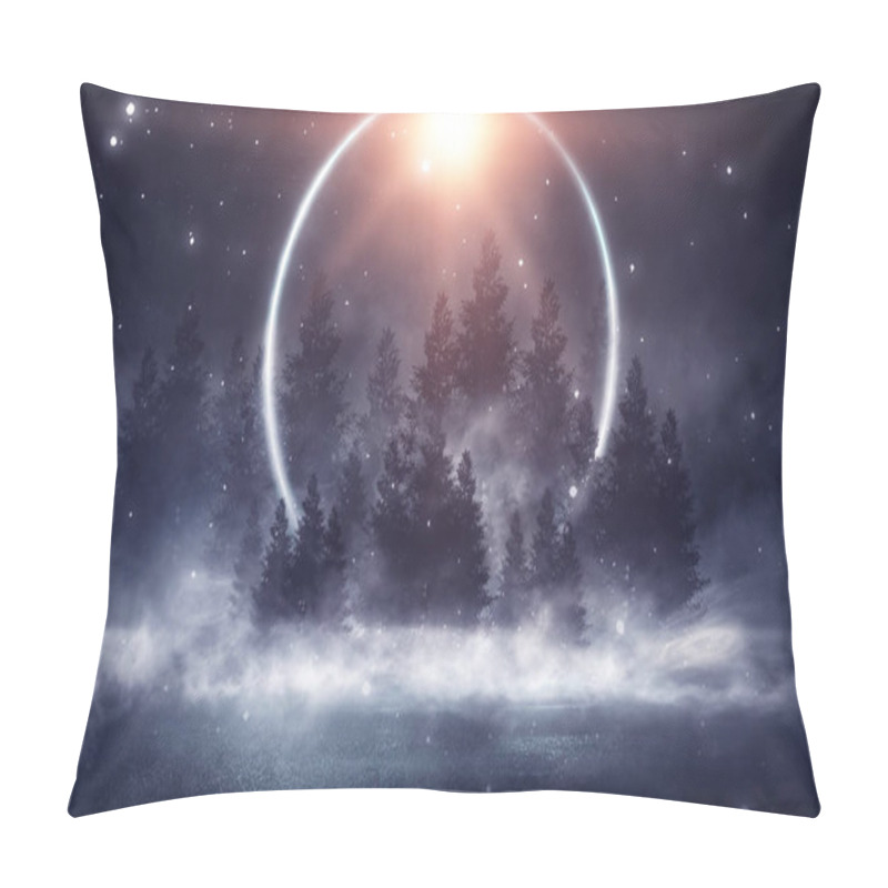 Personality  Dark Winter Forest Background At Night. Snow, Fog, Moonlight. Dark Neon Night Background In The Forest With Moonlight. Neon Figure In The Center. Night View, Magic. Pillow Covers