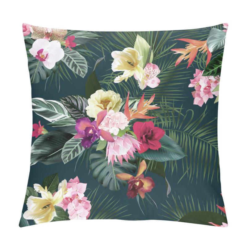 Personality  Exotic Tropical Flowers, Orchid, Strelitzia, Hibiscus, Protea, Ylang-ylang, Palm, Monstera Leaves Vector Seamless Pattern. Pillow Covers