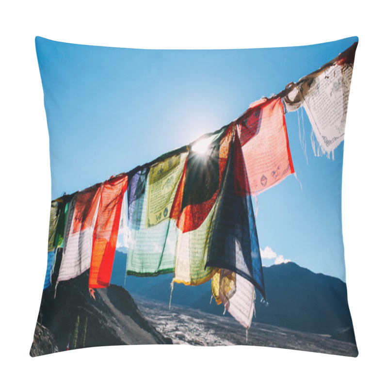 Personality  Colorful Prayer Flags With Sun Shining Through One Of Prayer Flags In Leh, Ladakh, India Pillow Covers