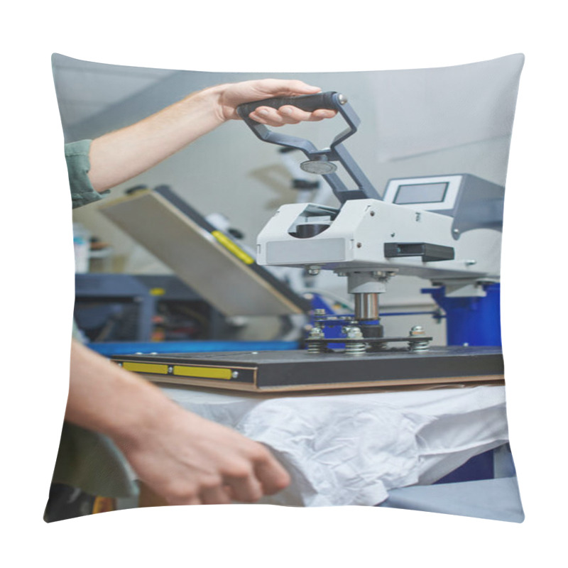 Personality  Cropped View Of Young Artisan Working With Screen Printing Machine And Clothes In Blurred Print Studio At Background, Customer-focused Small Business Concept Pillow Covers