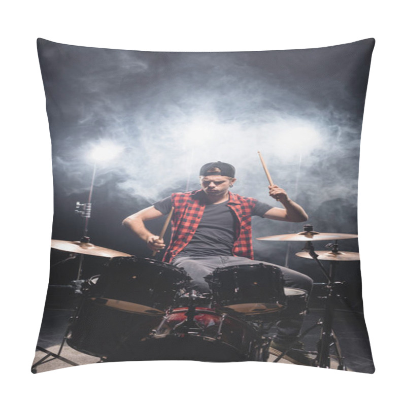 Personality  Serious Musician With Drumsticks Playing Drums With Smoke And Backlit On Black  Pillow Covers