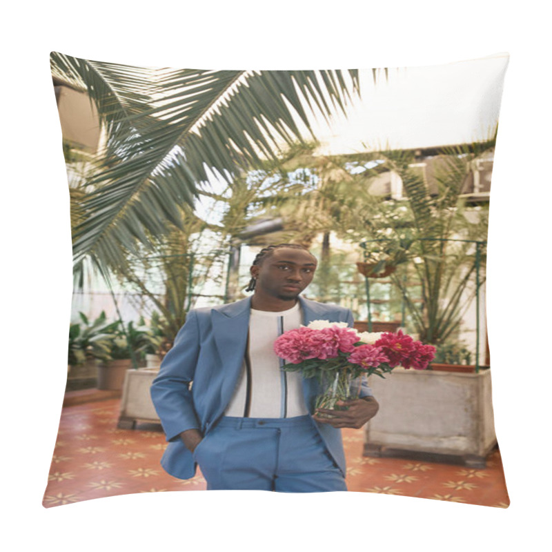 Personality  Handsome African American Man In A Blue Suit Posing With A Bunch Of Flowers In A Vivid Green Garden. Pillow Covers