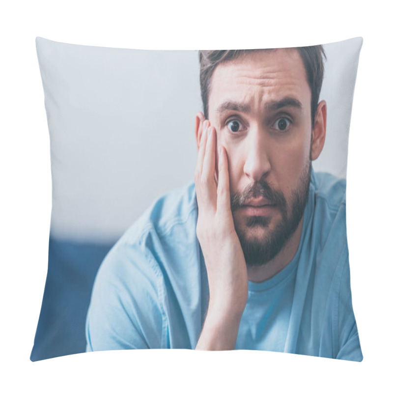 Personality  Handsome Frightened Man With Hand On Head Looking At Camera At Home With Copy Space Pillow Covers