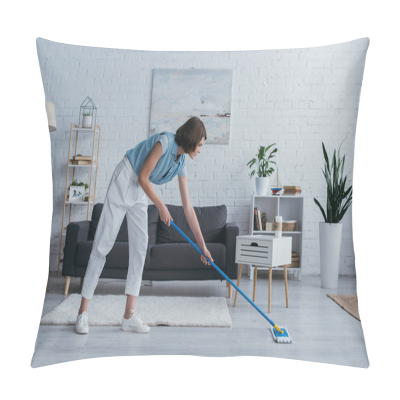 Personality  Full Length Of Woman Cleaning Floor With Mop In Modern Living Room Pillow Covers