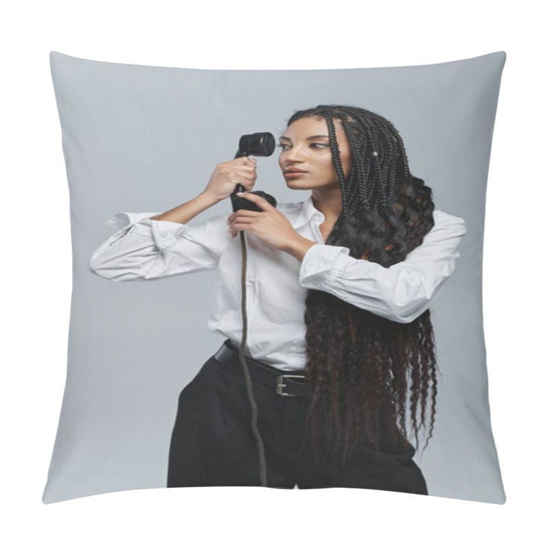 Personality  A Young Woman With Long Braids Poses In A White Shirt Against A Grey Background, Holding A Vintage Phone To Her Ear. Pillow Covers