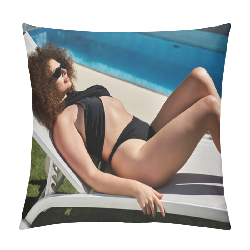 Personality  A Woman With Curly Hair Relaxes On A Lounge Chair By The Pool, Wearing A Black Swimsuit And Sunglasses. Pillow Covers