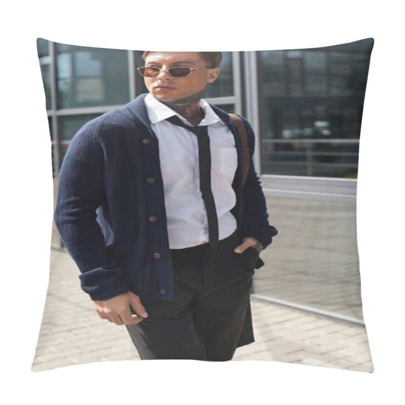 Personality  A Young Man With Tattoos Stands Confidently In Casual Attire In Bright Outdoor Setting. Pillow Covers