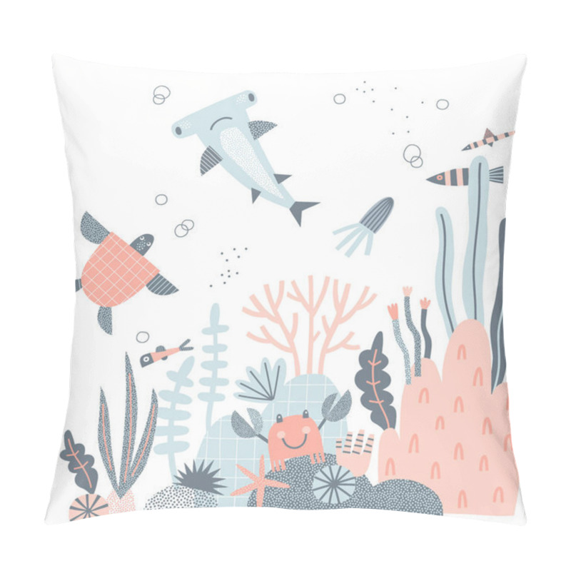 Personality  Cute Hammerhead Sea Turtle Crab Fish Jellyfish Vector Illustration Pillow Covers