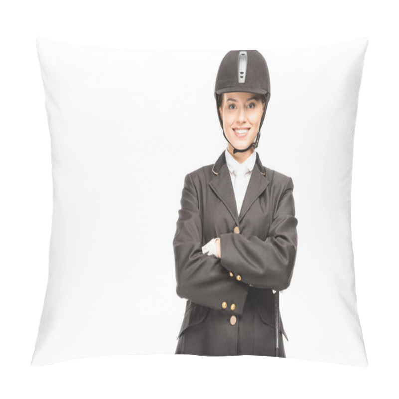 Personality  Happy Young Horsewoman In Uniform And Helmet Looking At Camera With Crossed Arms Isolated On White Pillow Covers