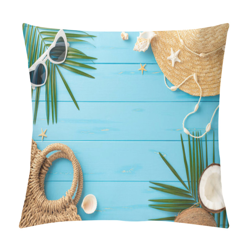 Personality  A Vibrant And Inviting Flat Lay Of Summer Holiday Items Including A Straw Hat, Sunglasses, And Tropical Elements On A Blue Wooden Surface, Evoking The Joy Of Beach Vacations Pillow Covers