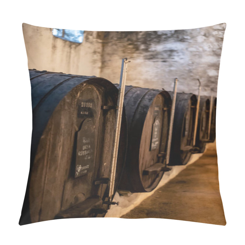 Personality  Old Porto Lodge With Rows Of Oak Wooden Casks For Slow Aging Of Fortified Ruby Or Tawny Porto Wine In Vila Nova De Gaia, North Of Portugal Pillow Covers