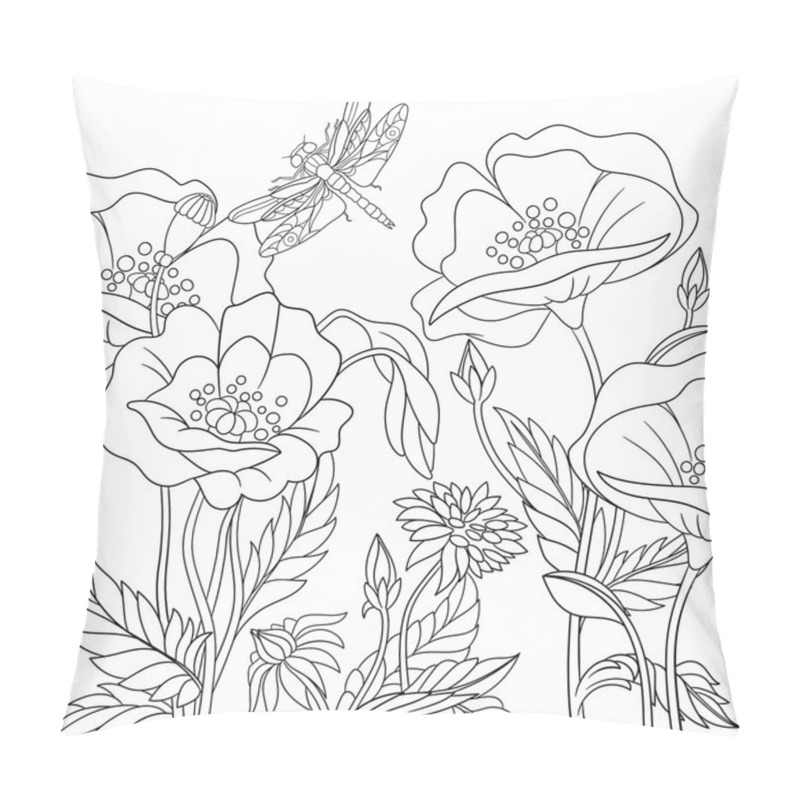 Personality  Zentangle Stylized Dragonfly And Poppy Flowers Pillow Covers