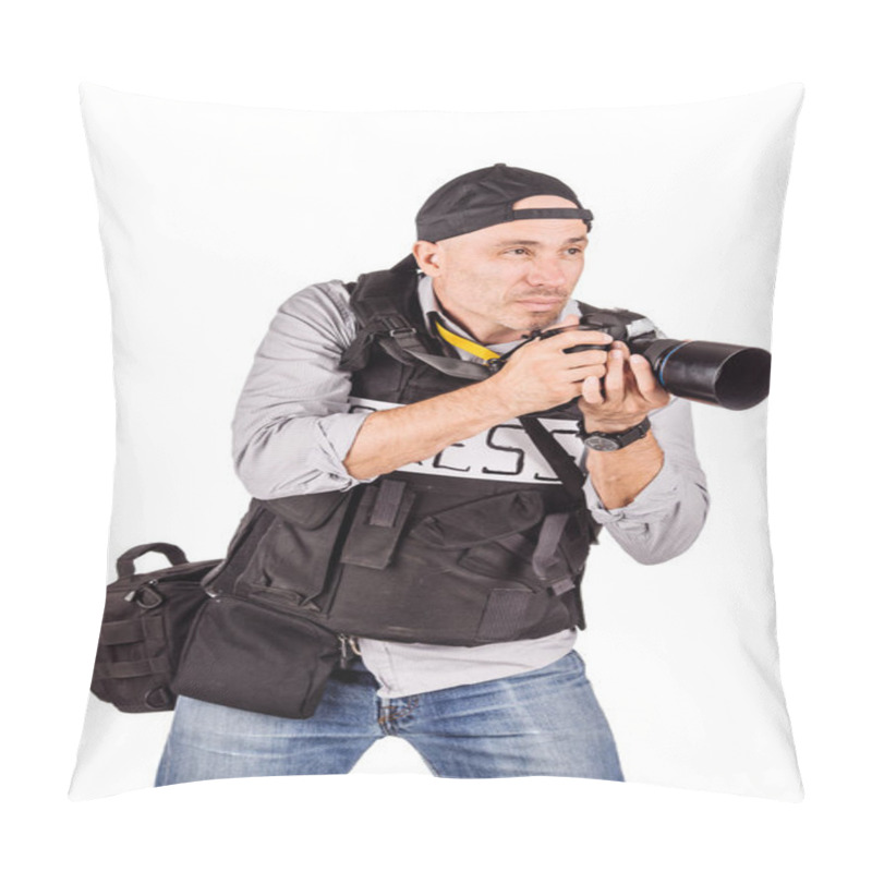 Personality  Military Press Photographer With A Professional Camera.  Pillow Covers