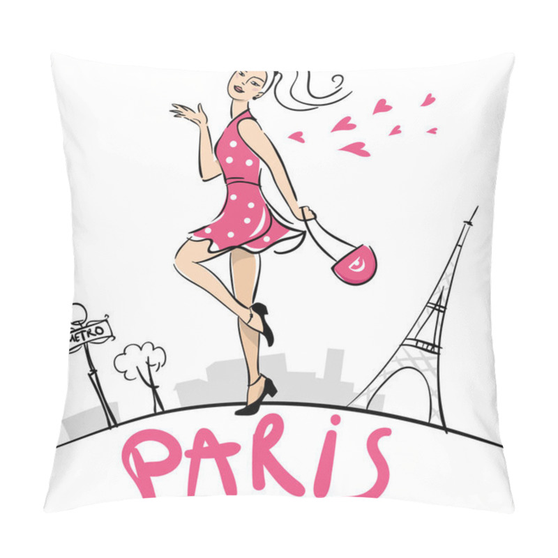 Personality  Girl Walking In Paris. Beautiful Happy Woman Walking At Paris Cityscape. Hand-made Paris Lettering. Pillow Covers