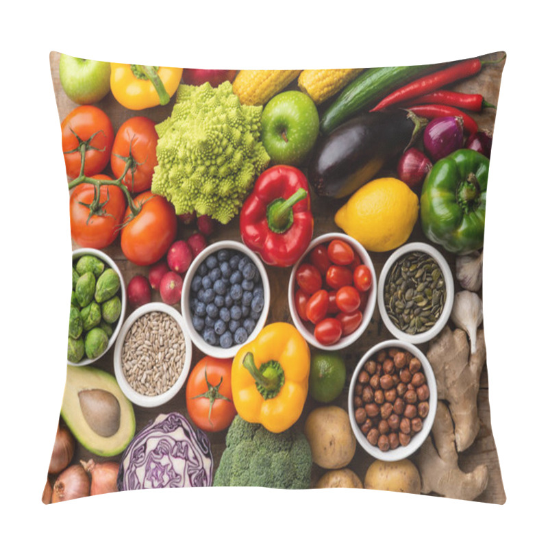 Personality  Healthy Eating Ingredients: Fresh Vegetables, Fruits And Superfood. Nutrition, Diet, Vegan Food Concept. Wooden Background Pillow Covers