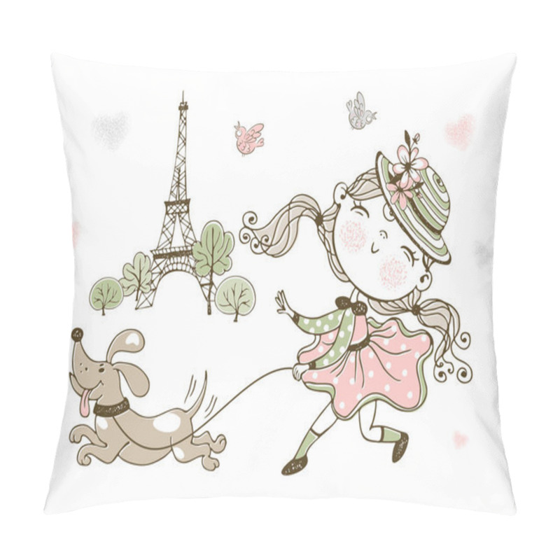 Personality  Cute Little Girl Walking Her Dog In Paris. Vector. Pillow Covers