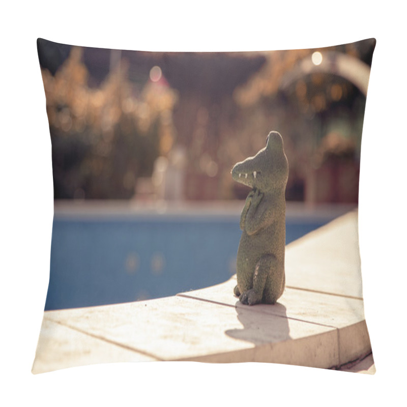 Personality  Small Figurine Of A Cute Crocodile At The Edge Of An Empty Swimming Pool. Autumn Concept Pillow Covers