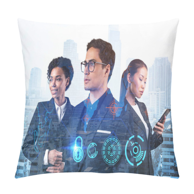 Personality  Group Of Business Colleagues As A Part Of Multinational Corporate Team Working On Project To Protect Clients Information At Cybersecurity Compliance Division. IT Lock Icons Over Bangkok Pillow Covers