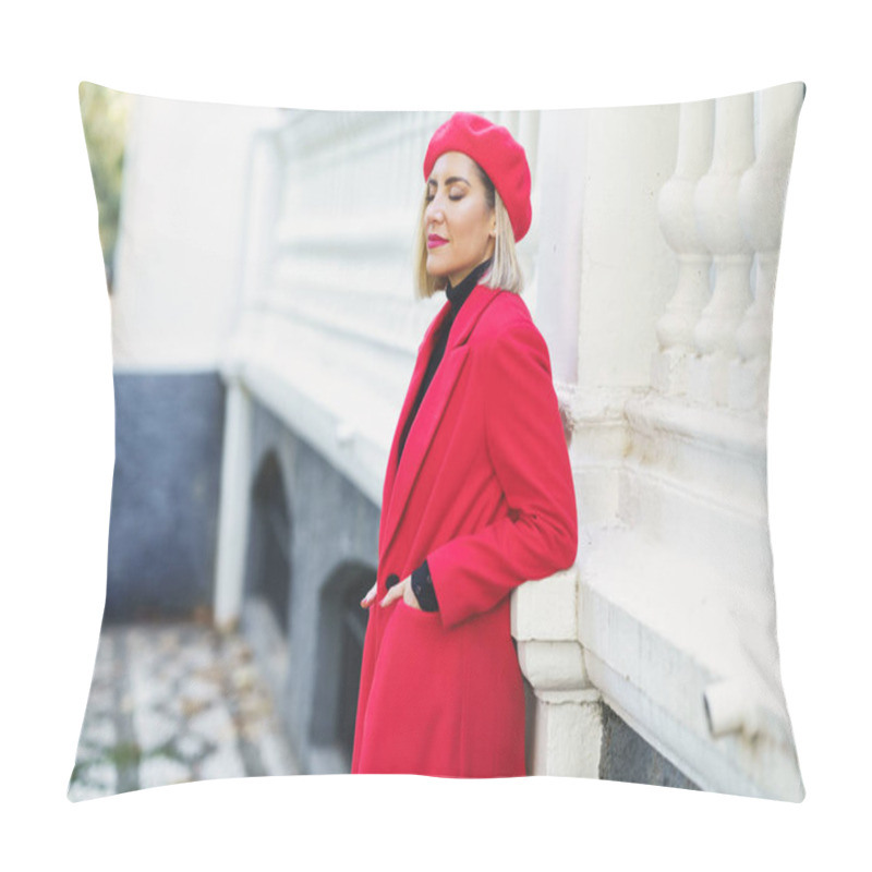 Personality  Fashionable Woman Near White Fence In Urban Background Pillow Covers