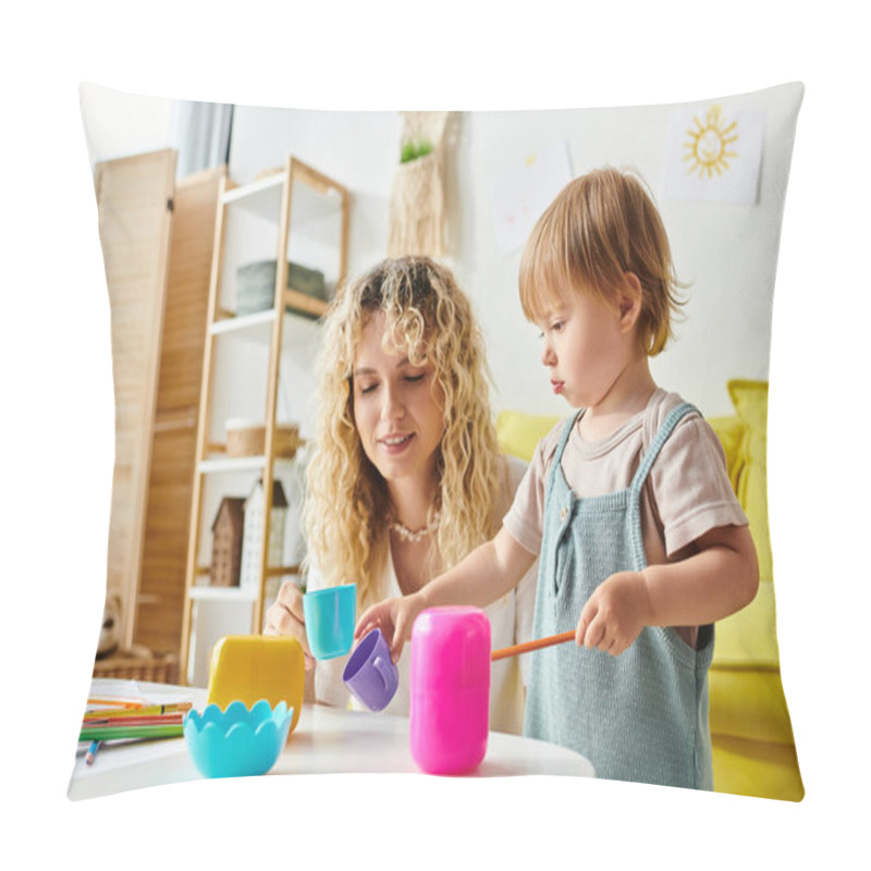 Personality  A Curly-haired Mother And Her Toddler Daughter Are Immersed In Playtime, Utilizing Montessori Educational Toys At Home. Pillow Covers