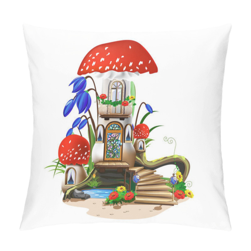 Personality  Colorful Illustration Of A Mushroom House With A Red Roof. Fairy Tale Vector Illustration. Pillow Covers