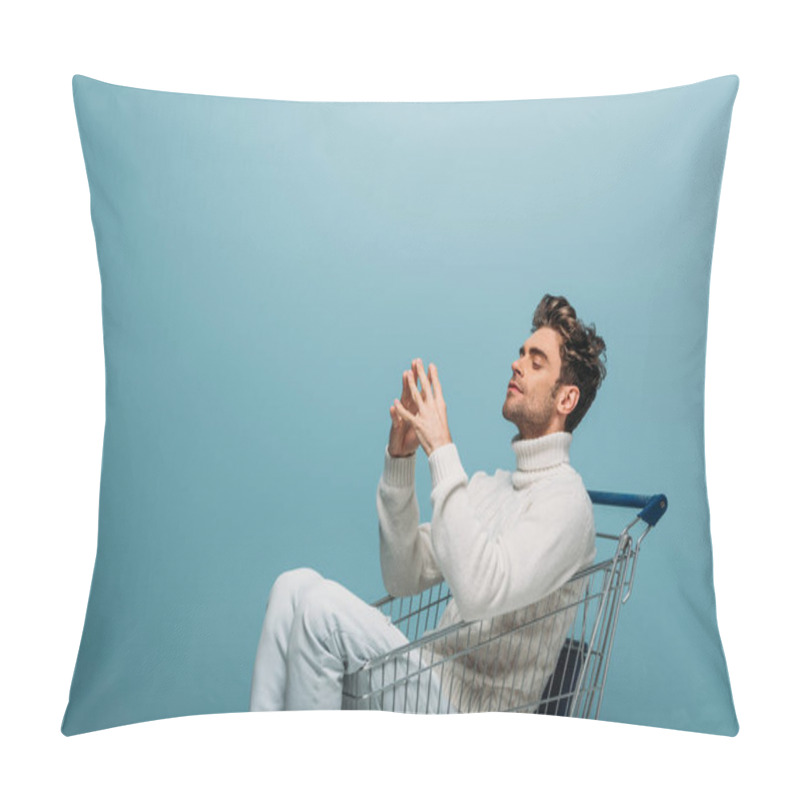 Personality  Thoughtful Man Sitting In Shopping Cart, Isolated On Blue Pillow Covers