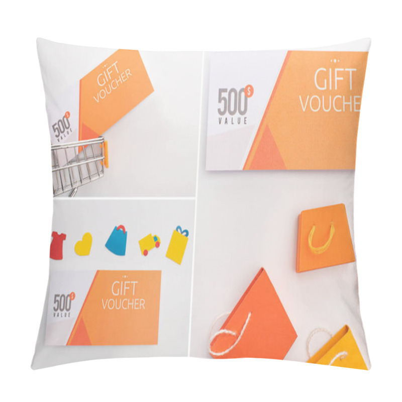 Personality  Collage Of Gift Voucher Near Toy Shopping Cart, Shopping Bags And Paper Artwork On White Background Pillow Covers