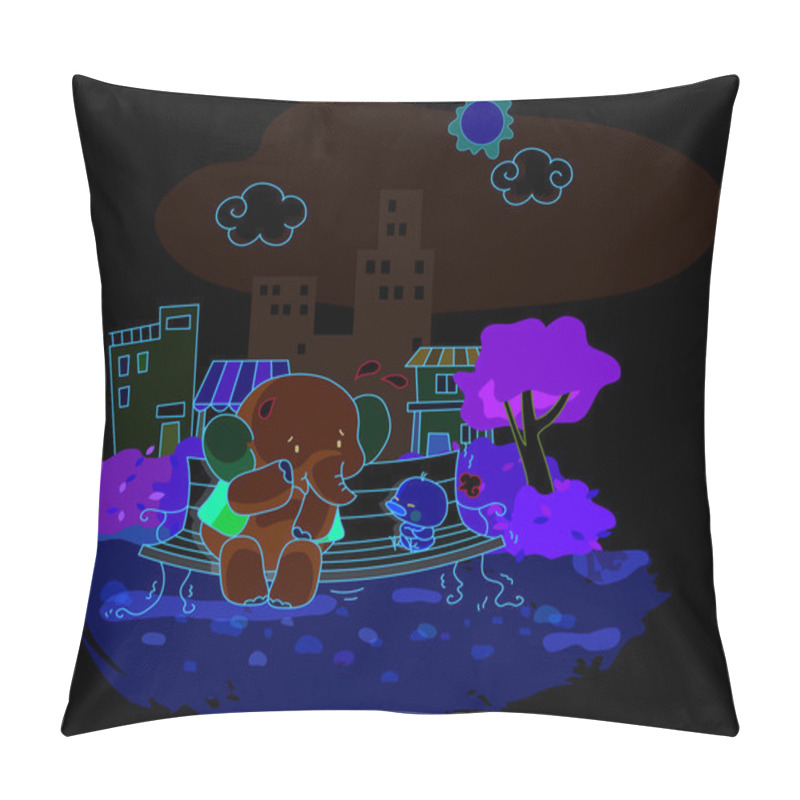 Personality  Funny Elephant And Cartoon Chicks Were Sitting In The City Park Pillow Covers