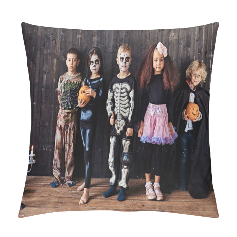 Personality  Group Of Children In Costumes During Halloween Party In An Old House. Pillow Covers