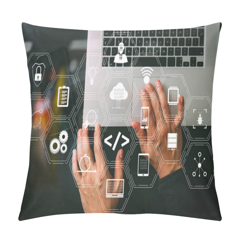 Personality  Coding Software Developer Work With Augmented Reality Dashboard Computer Icons Of Scrum Agile Development And Code Fork And Versioning With Responsive Cybersecurity.Businessman Hand Working Mobile Phone. Pillow Covers