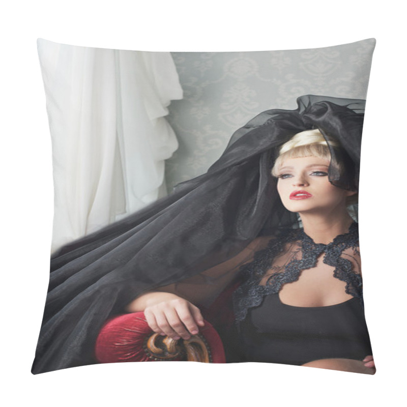 Personality  Blond Fashion Woman Sitting With Black Head Dress Pillow Covers