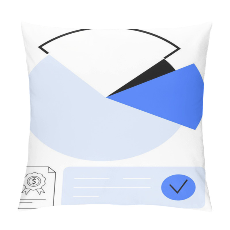 Personality  Large Segmented Pie Chart With Three Distinct Sections, Certification Document, And A Bill With A Checkmark. Ideal For Finance, Business Planning, Statistics, Data Presentation, Budgeting, Investment Pillow Covers